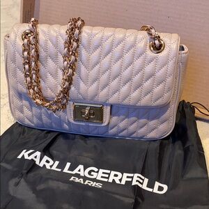 Karl Lagerfeld Quilted Beige Shoulder Bag with Gold Chain